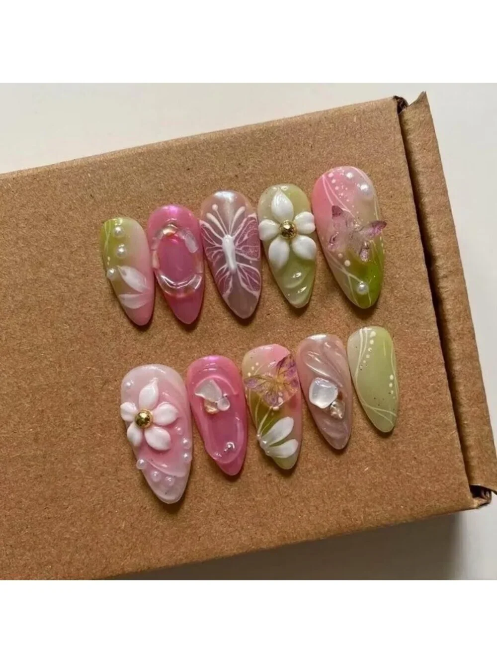 Handmade Medium Almond Press On Nails - Green & Pink, Thick Acrylic, Reusable 3D